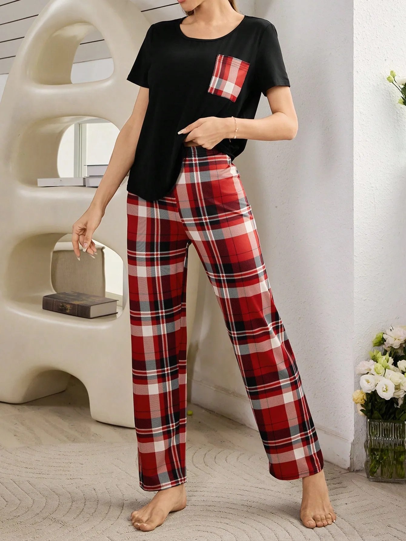 1pc Short Sleeve Plaid Wide Leg Casual Sleepwear Set