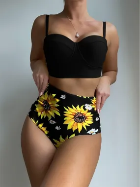 2 Piece Sunflower Print High Waisted Shorts Bikini Set - Stretchy, Spaghetti Strap, Cross Strape, Sleeveless, High Stretch Polyester Swimsuits for Women - Stylish, Comfortable, and Floral Patterned Swimwear for Swimming
