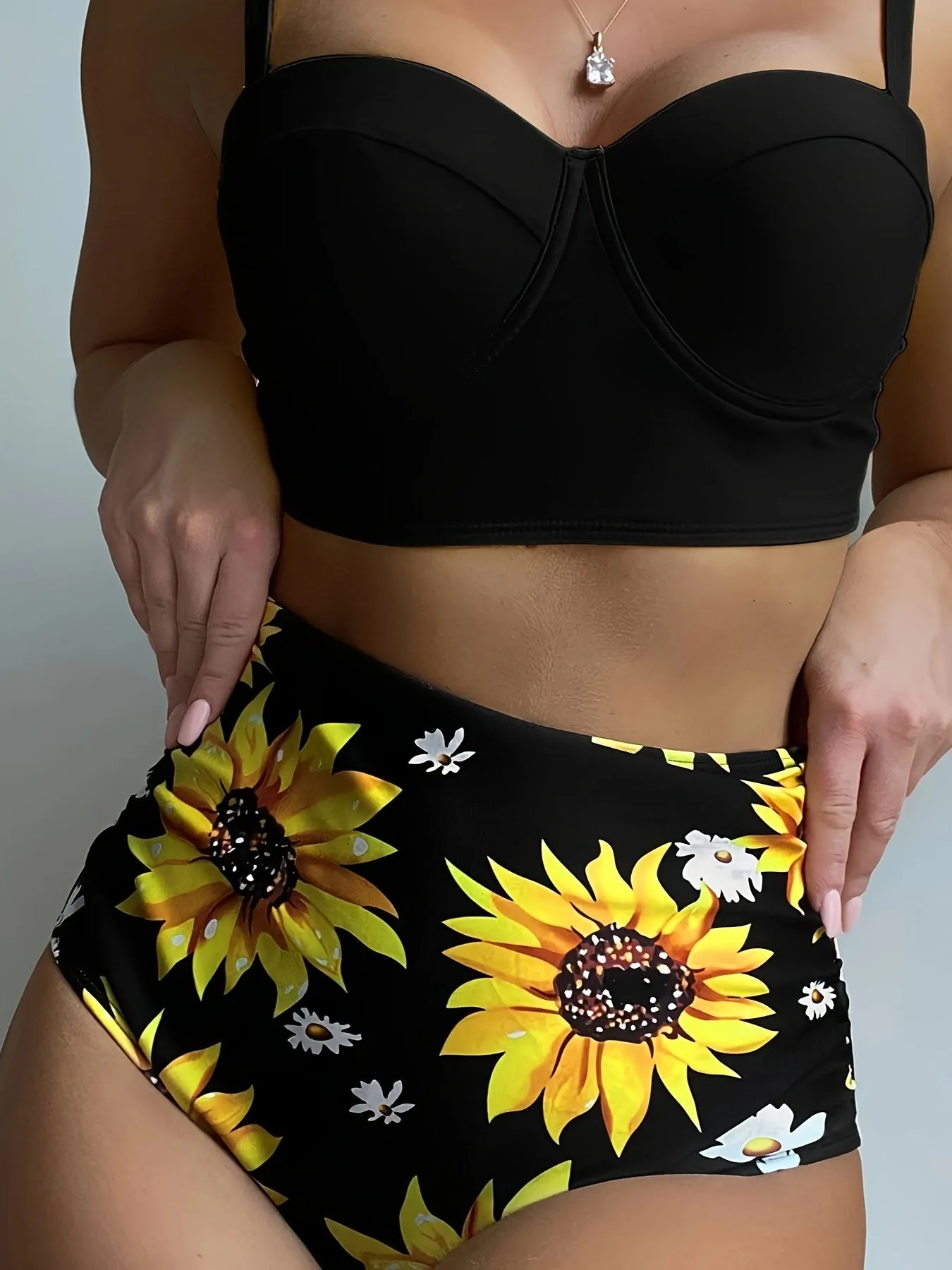 2 Piece Sunflower Print High Waisted Shorts Bikini Set - Stretchy, Spaghetti Strap, Cross Strape, Sleeveless, High Stretch Polyester Swimsuits for Women - Stylish, Comfortable, and Floral Patterned Swimwear for Swimming