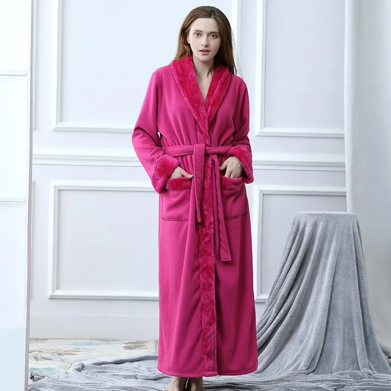 2018 Autumn and winter thickening long fashion couples flannel nightgown female bathrobes add fat coral velvet pajamas
