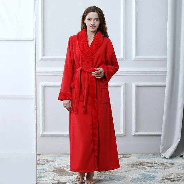 2018 Autumn and winter thickening long fashion couples flannel nightgown female bathrobes add fat coral velvet pajamas