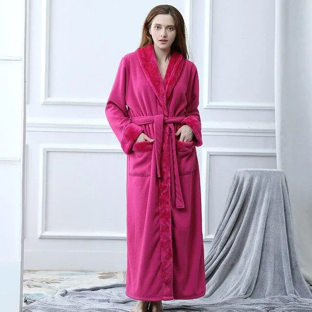 2018 Autumn and winter thickening long fashion couples flannel nightgown female bathrobes add fat coral velvet pajamas