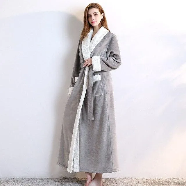 2018 Autumn and winter thickening long fashion couples flannel nightgown female bathrobes add fat coral velvet pajamas