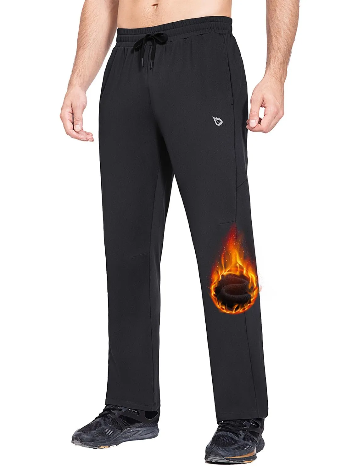 BALEAF Men's Fleece Lined Water Resistant Pants Winter Thermal Sweatpants with Zipper Pockets Warm Open Bottom