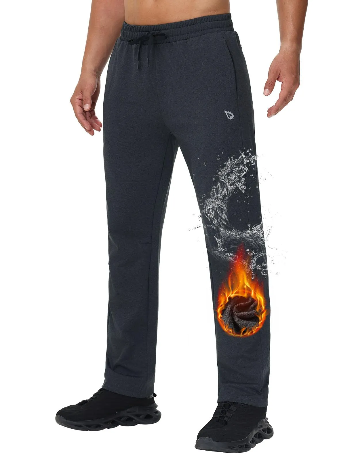 BALEAF Men's Fleece Lined Water Resistant Pants Winter Thermal Sweatpants with Zipper Pockets Warm Open Bottom