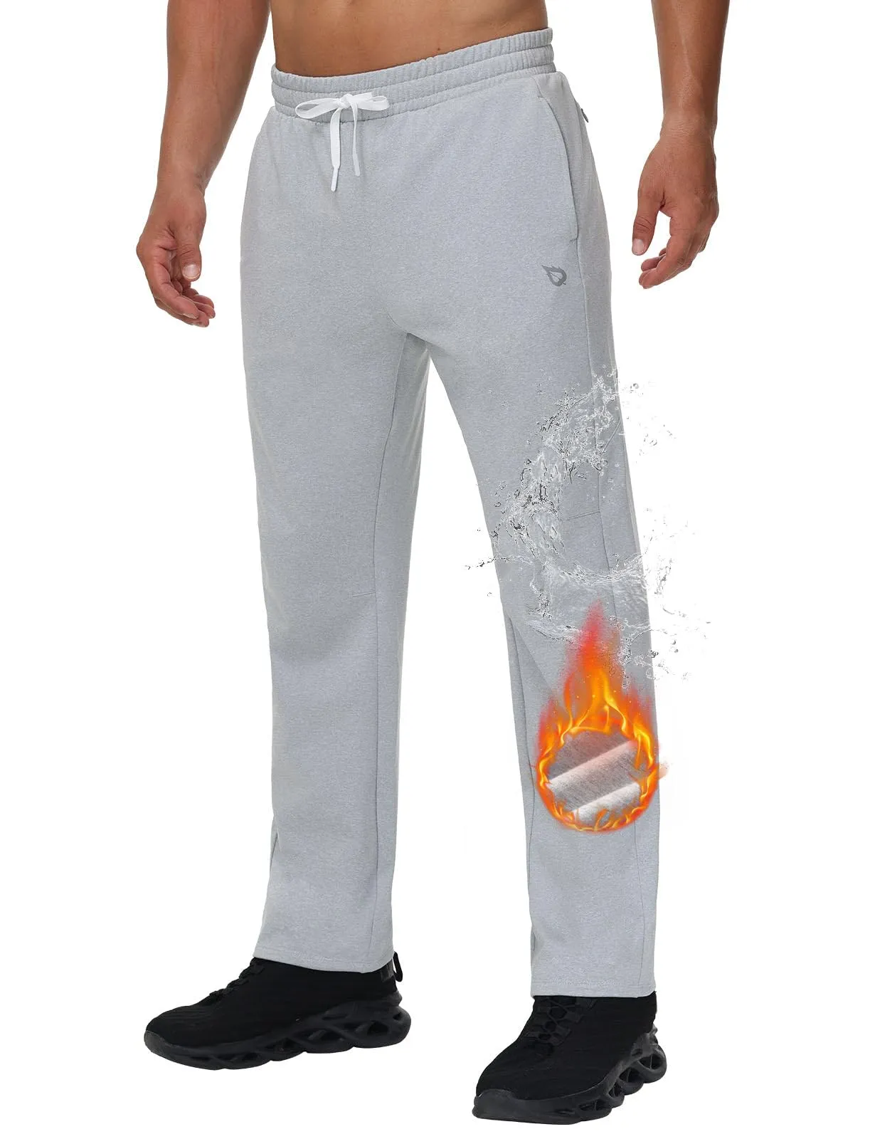BALEAF Men's Fleece Lined Water Resistant Pants Winter Thermal Sweatpants with Zipper Pockets Warm Open Bottom