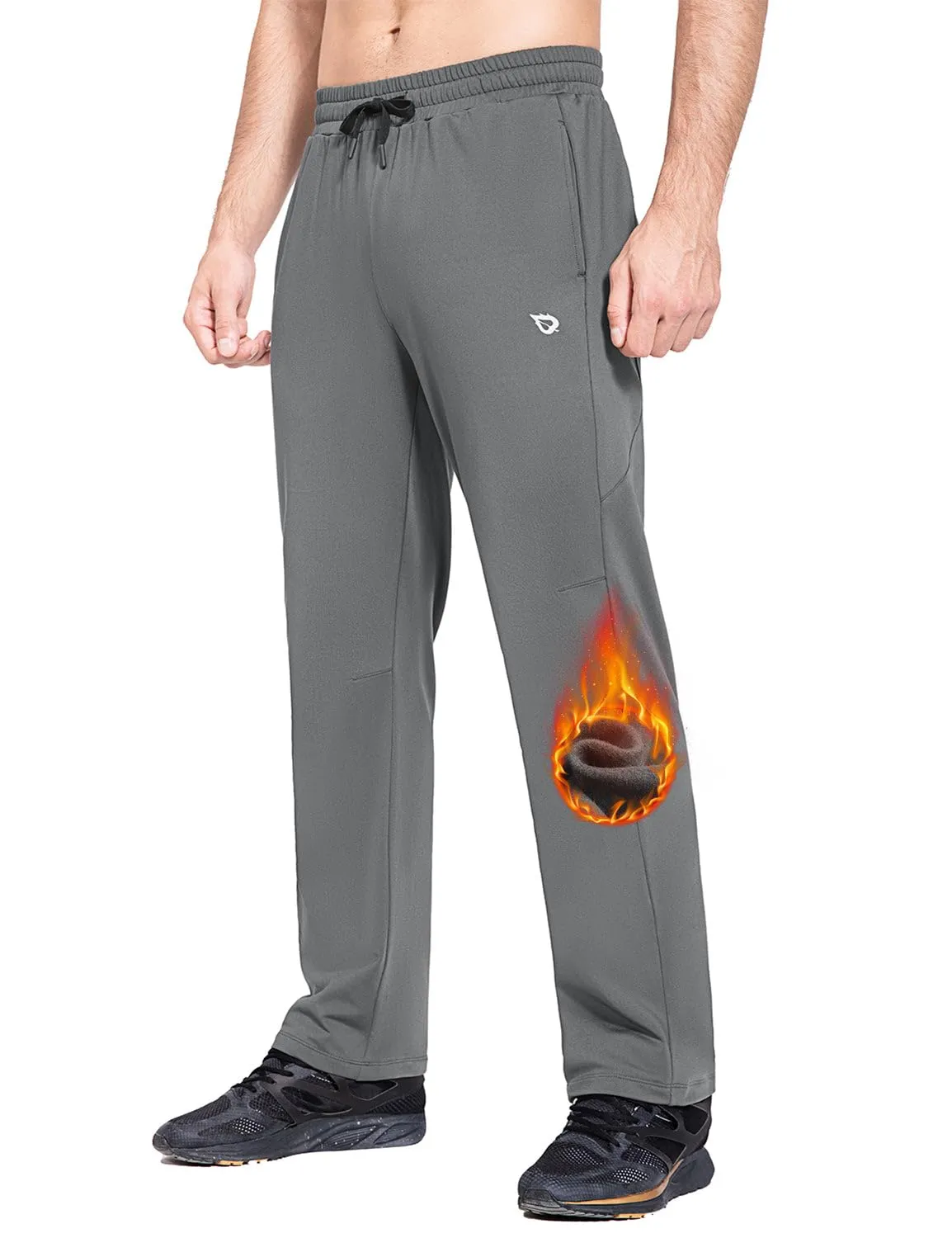 BALEAF Men's Fleece Lined Water Resistant Pants Winter Thermal Sweatpants with Zipper Pockets Warm Open Bottom