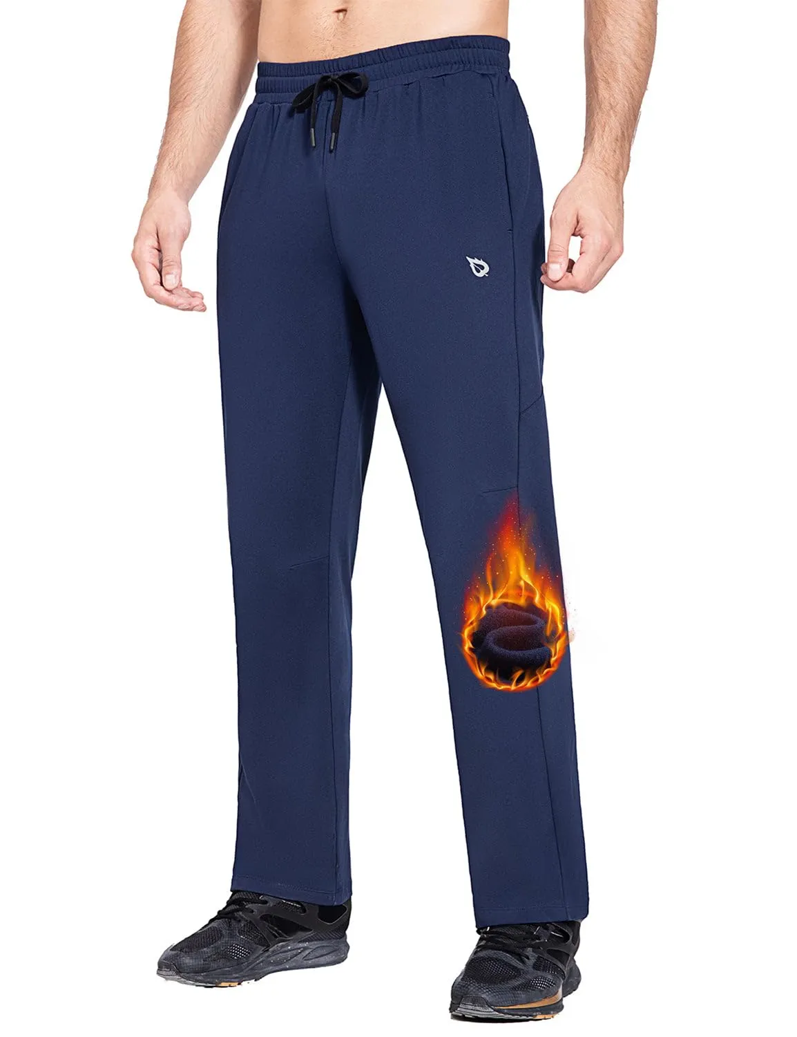 BALEAF Men's Fleece Lined Water Resistant Pants Winter Thermal Sweatpants with Zipper Pockets Warm Open Bottom