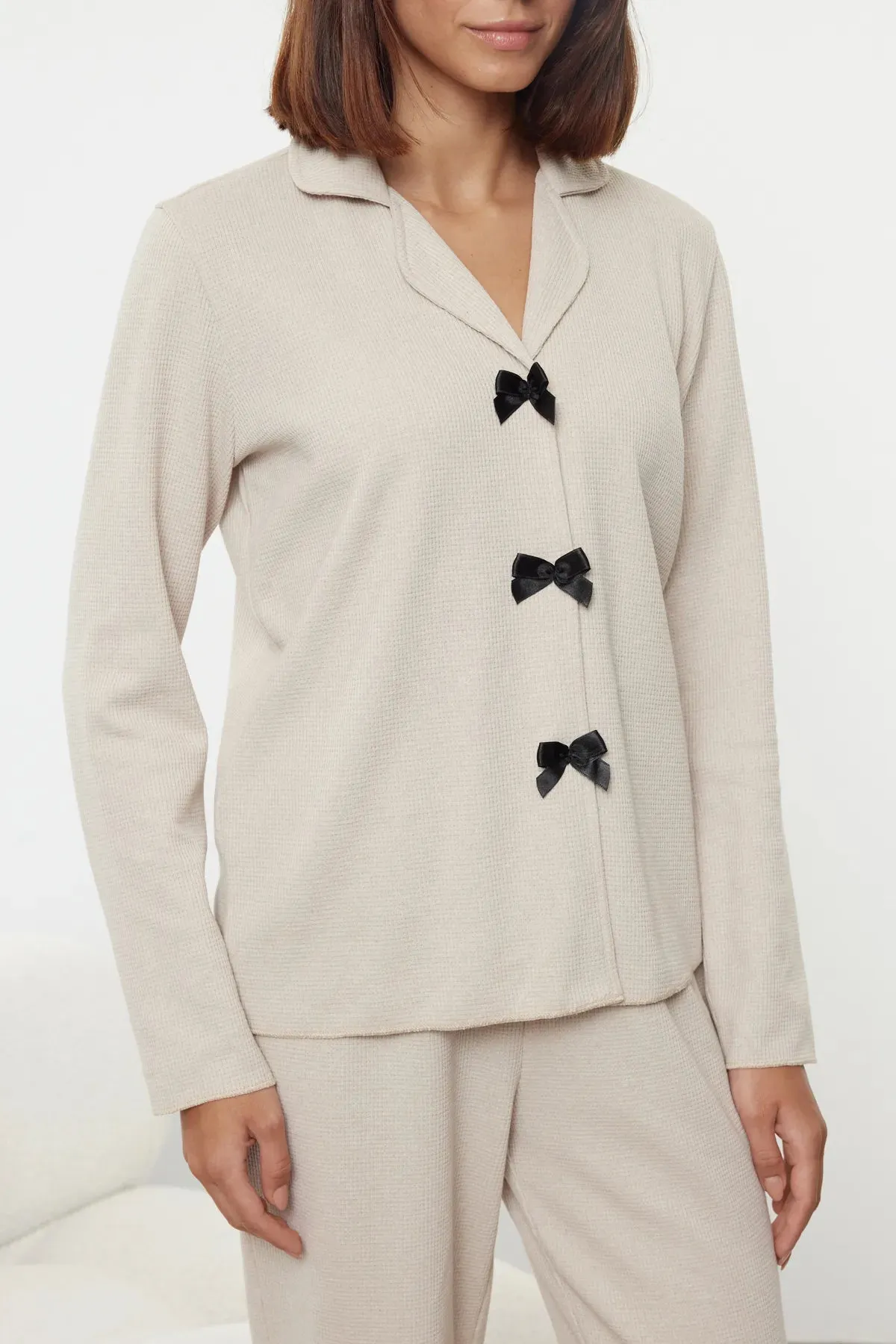 Beige Ribbon Bow Waffle Fabric Knitted Pajama Set