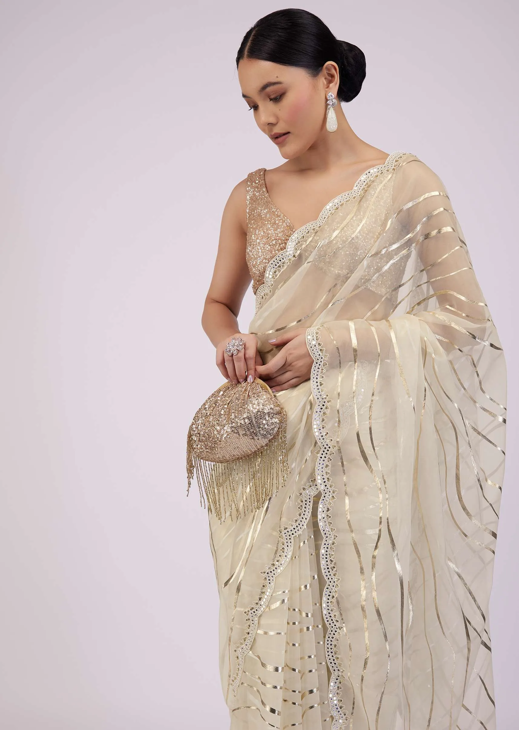 Beige White Saree In Organza With Foil Print And Embroidery