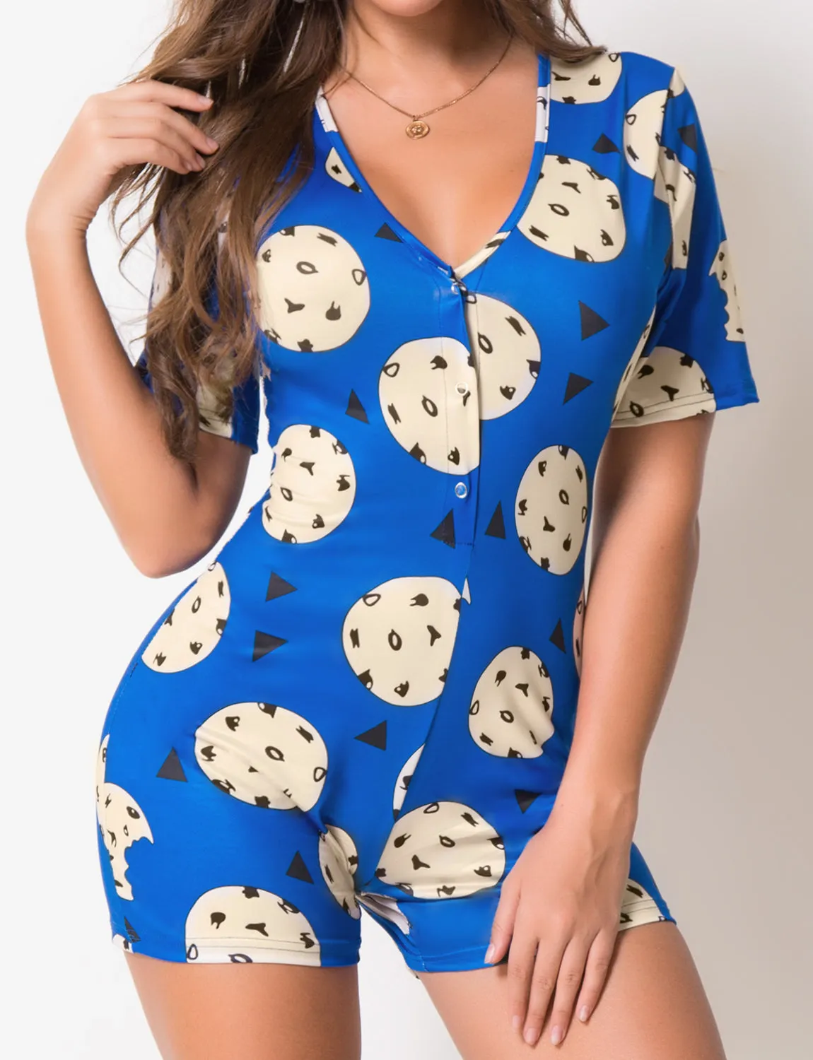 Blue Shorts Onesie Pajamas For Women