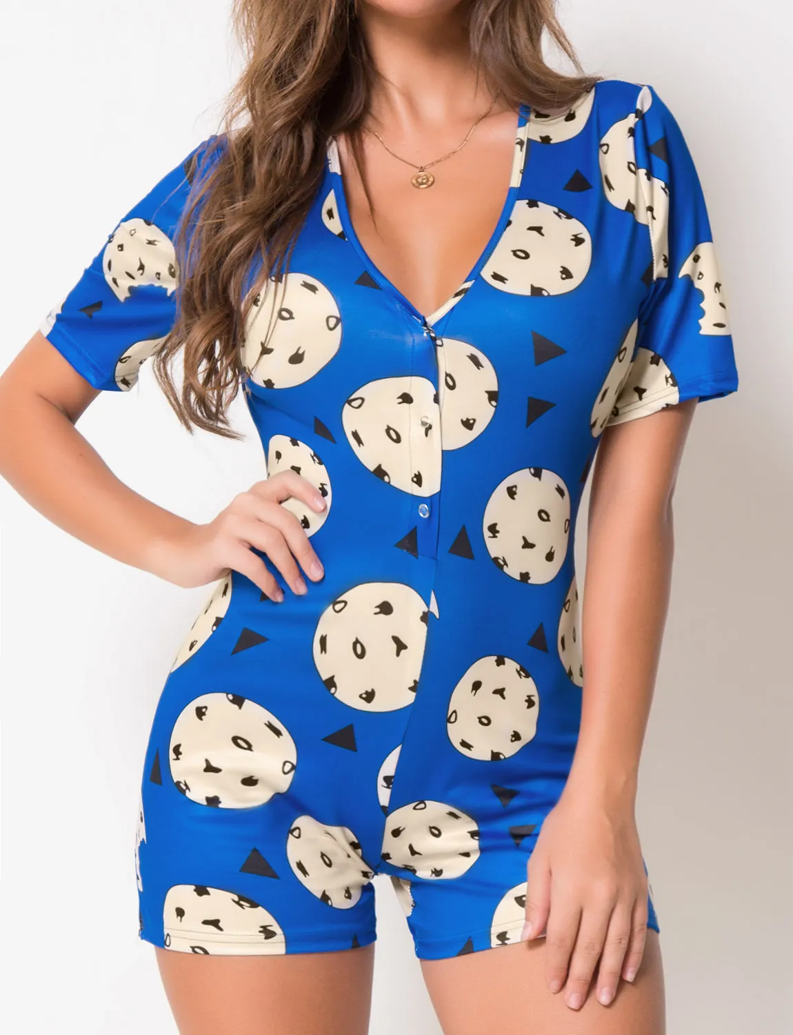 Blue Shorts Onesie Pajamas For Women