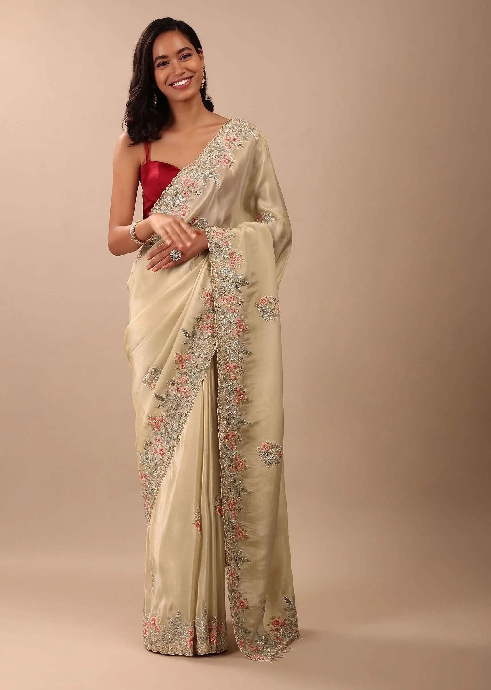 Cream White Saree In Glass Tissue Fabric And Gotta Resham Embroidery With Cut Dana, Moti & Sequins