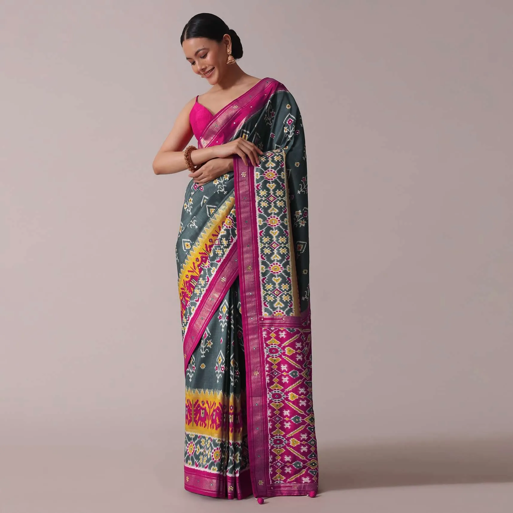 Grey Embroidered Festive Patola Printed Saree In Dola Silk