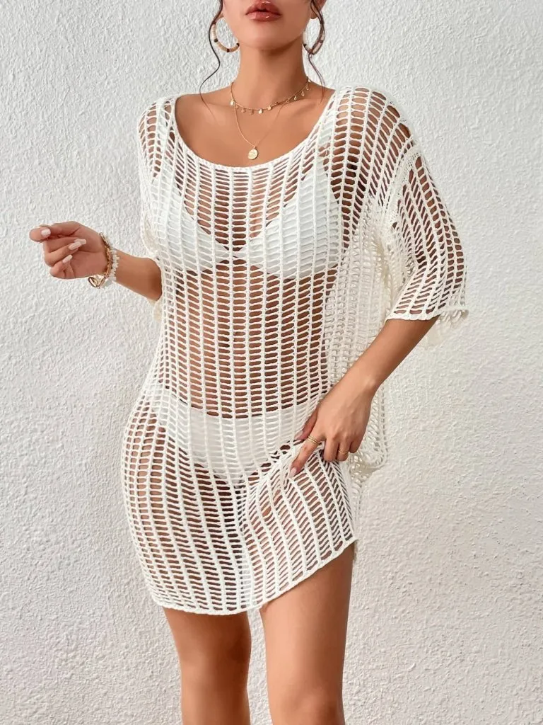 Hollow Out Mesh Crochet Romper Cover Up