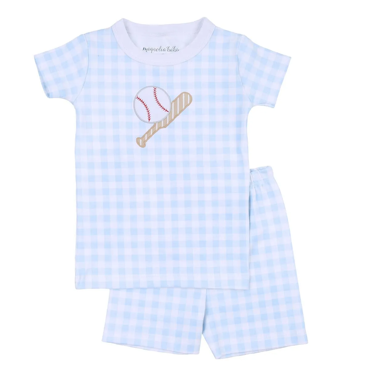 Magnolia Baby Boys Blue Check Batter Up Baseball Applique Short Pajamas