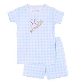 Magnolia Baby Boys Blue Check Batter Up Baseball Applique Short Pajamas