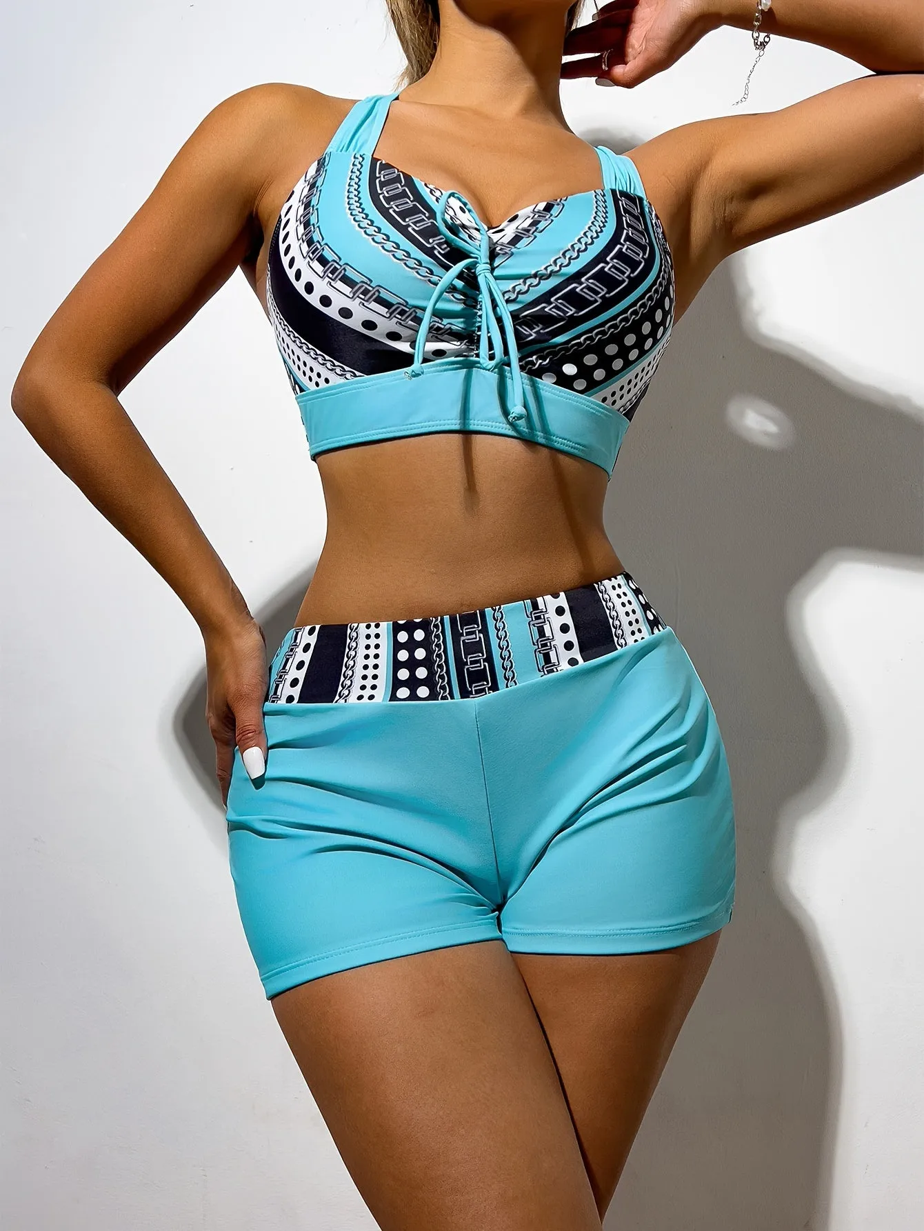 Printed Bow Tie Front V Neck 2 Piece Set Bikini, High Waisted Stretchy Top & Boxer Shorts Swimsuits, Women's Swimwear & Clothing