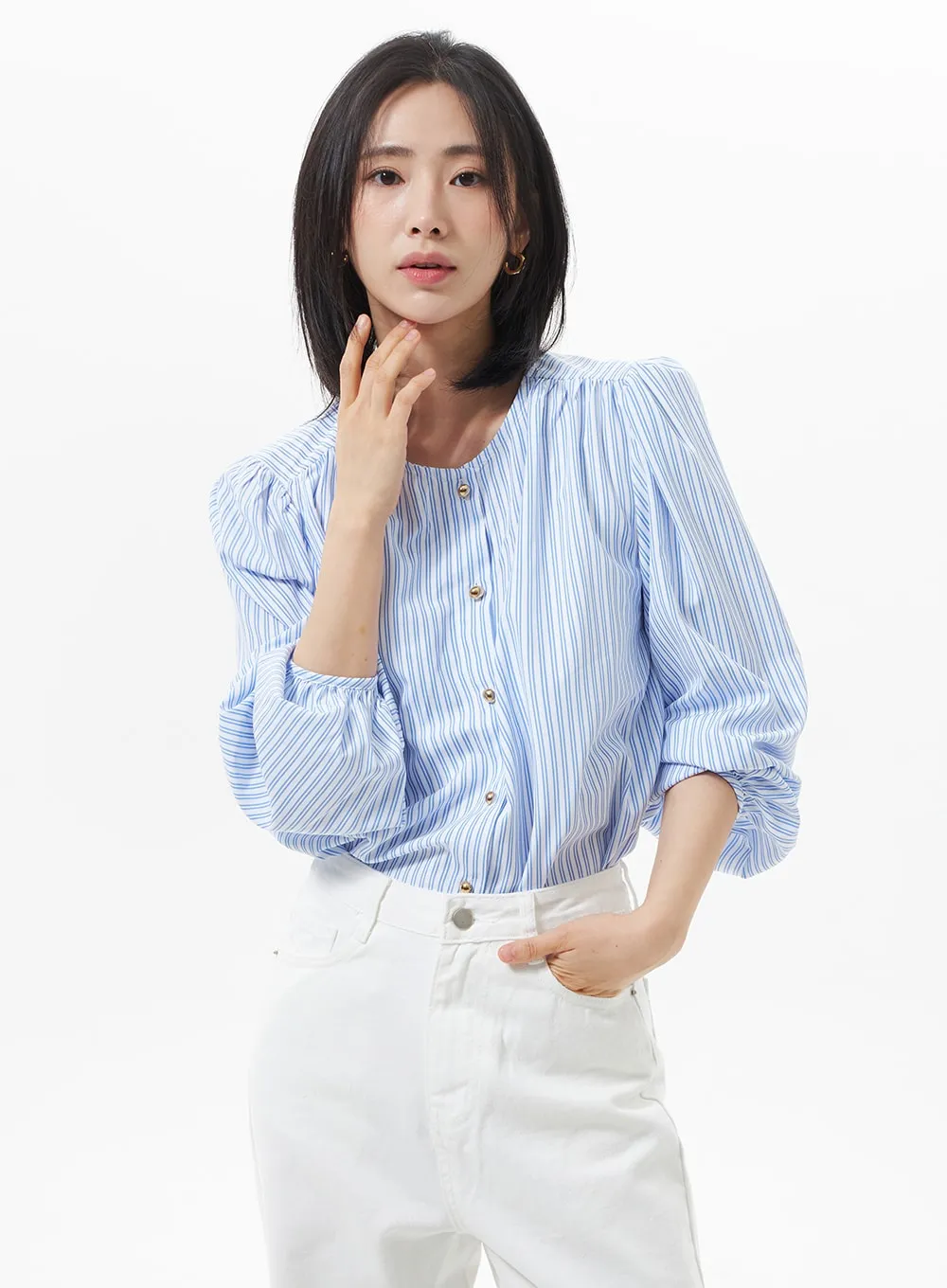 Puff Sleeve Pinstripe Blouse OA320