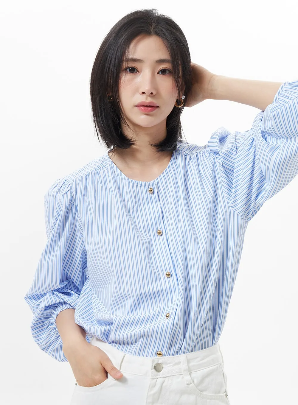 Puff Sleeve Pinstripe Blouse OA320