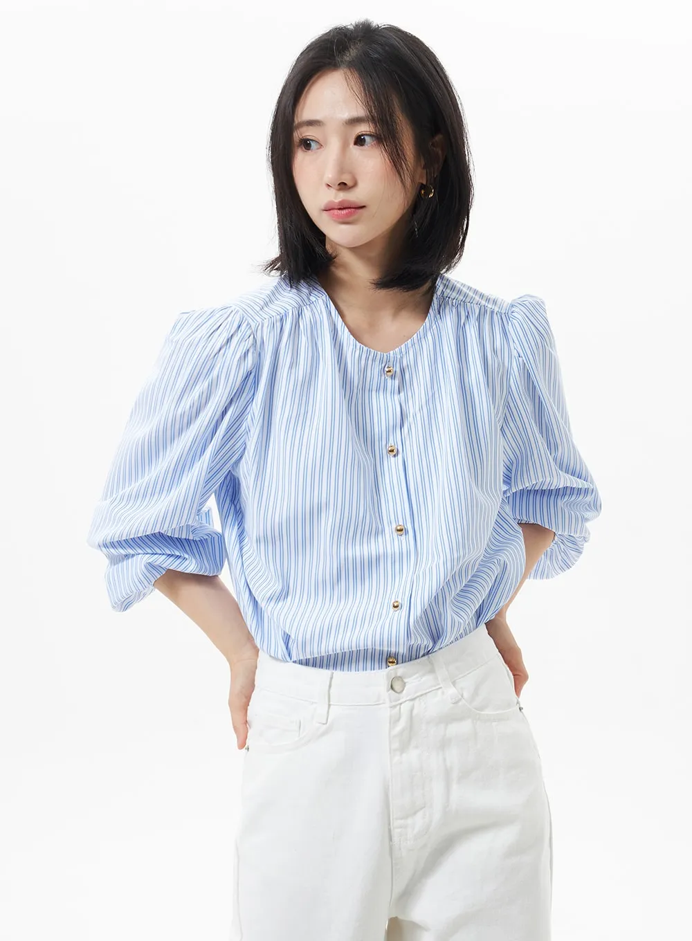 Puff Sleeve Pinstripe Blouse OA320
