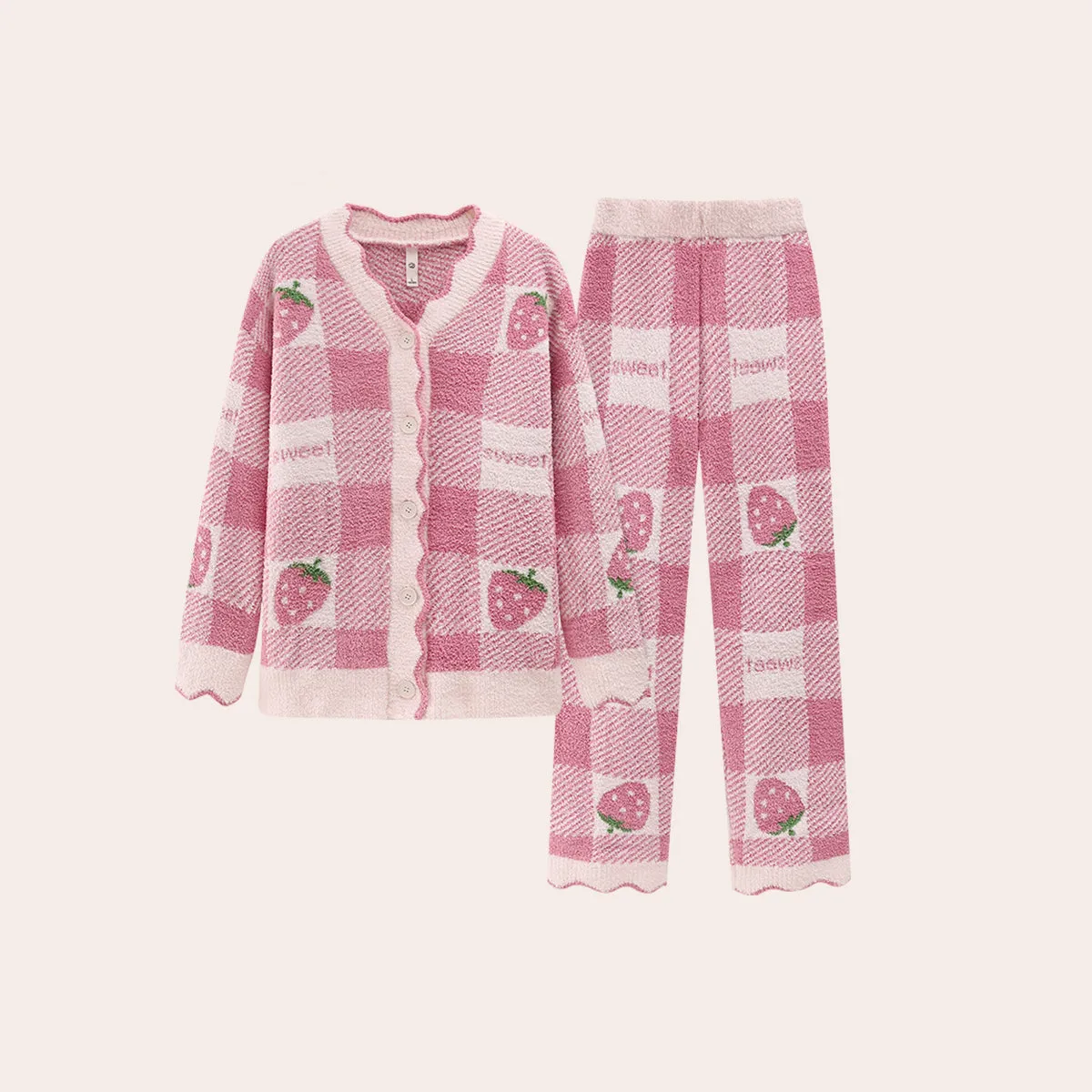 Strawberry Fleece-Lined Thickened Cardigan Home Wear Set