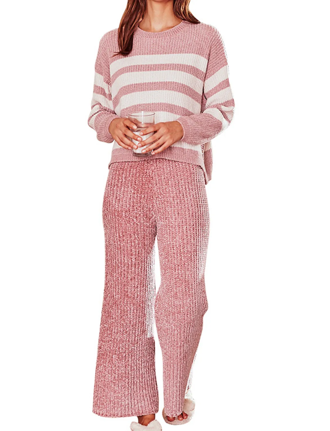 Striped knit long sleeve housecoat pajama set