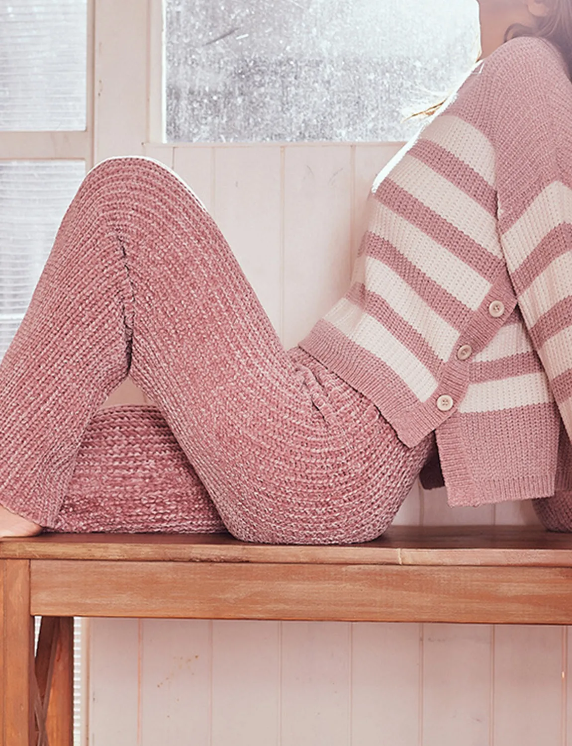 Striped knit long sleeve housecoat pajama set