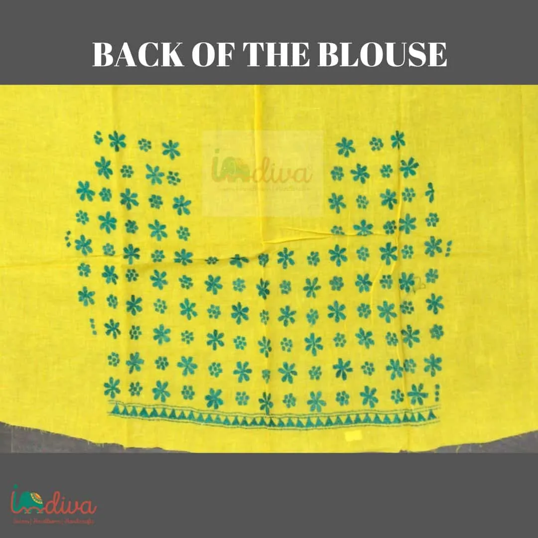 Yellow Kantha Blouse Fabric With Green Floral Motifs